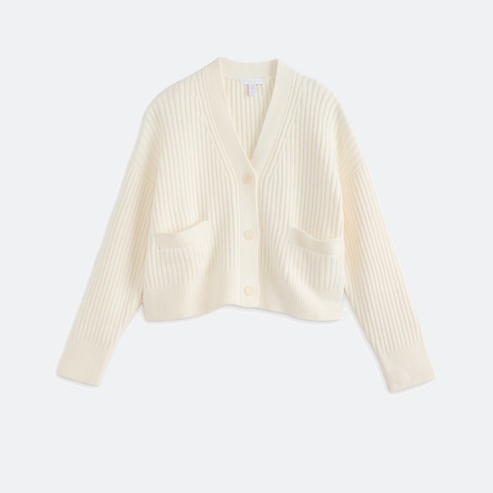 Beyond Yoga Cream Ribbed V‑Neck Button Cardigan
